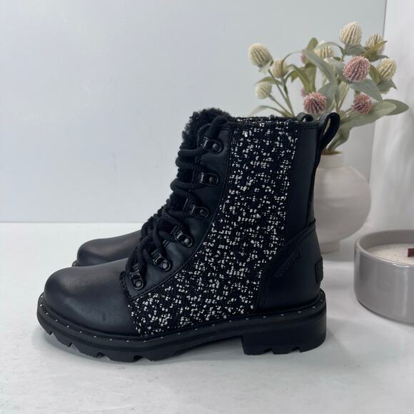 Sorel Lennox Leather Textile Shearling Lug Sole WP Boot Black/White Women 6 NWOB - Picture 3 of 10